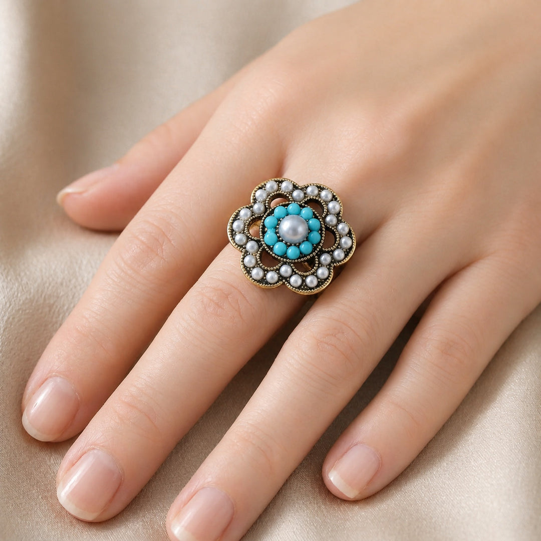 Bague Florale en Perles Turquoise