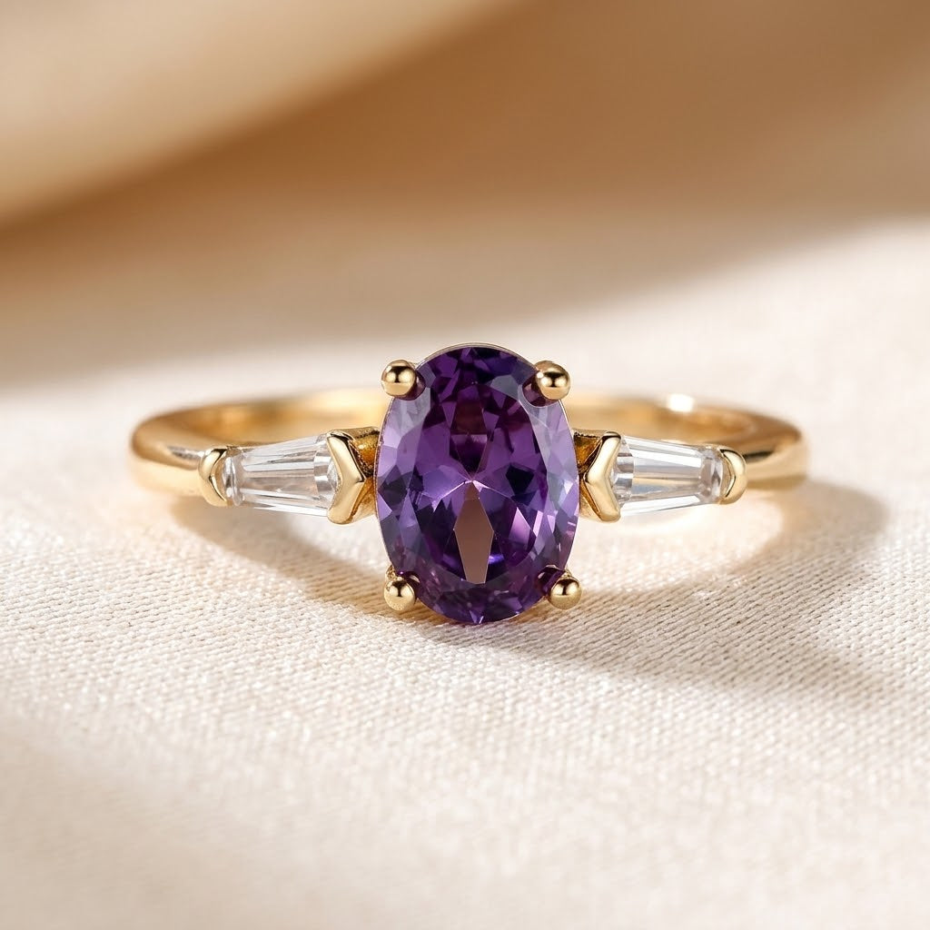 Gold ring with three amethyst stones