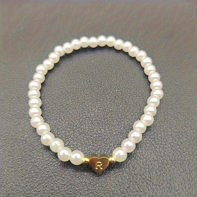 Personalised Pearl Bead Bracelet with Heart Initial Charm