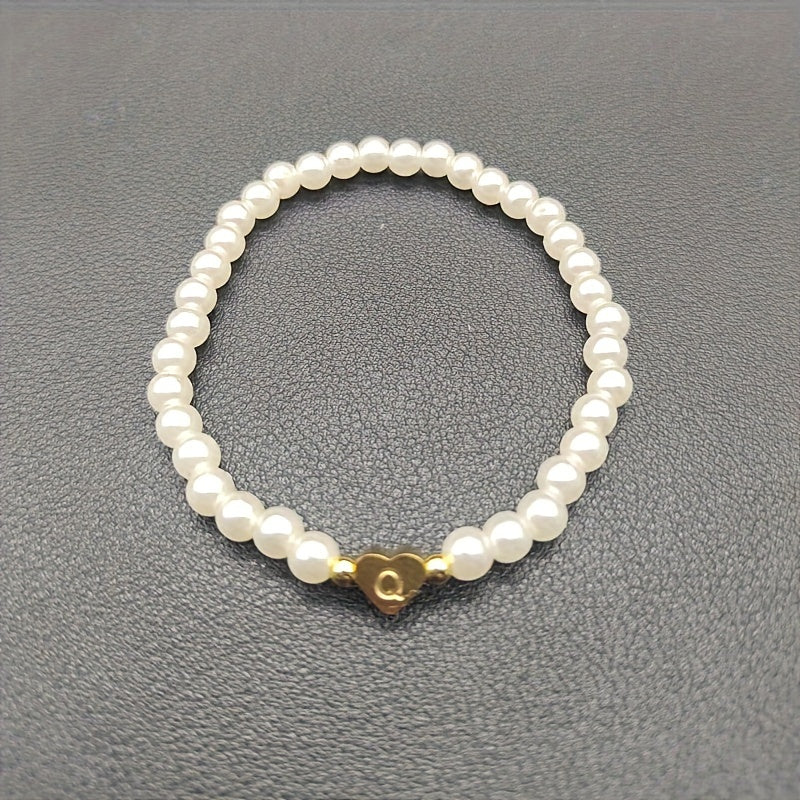 Personalised Pearl Bead Bracelet with Heart Initial Charm