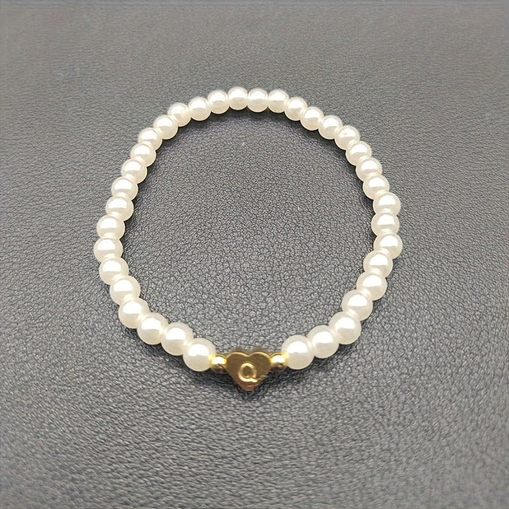 Personalised Pearl Bead Bracelet with Heart Initial Charm