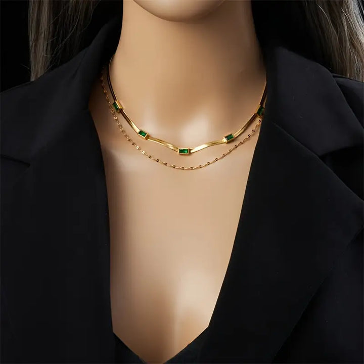 Serena Gem Double-Layer Retro Necklace | Gold