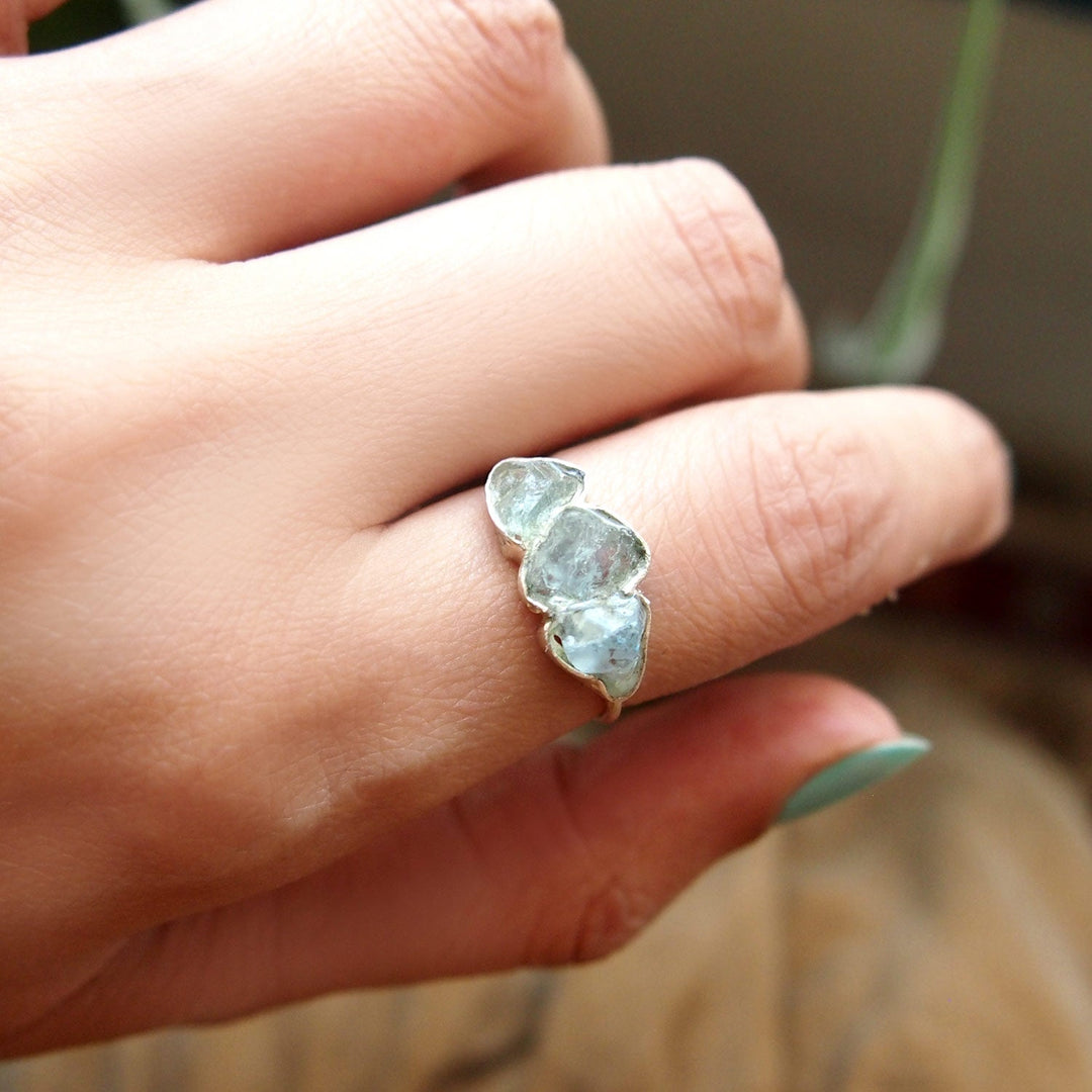 Three Stone Raw Aquamarine Ring in Sterling Silver