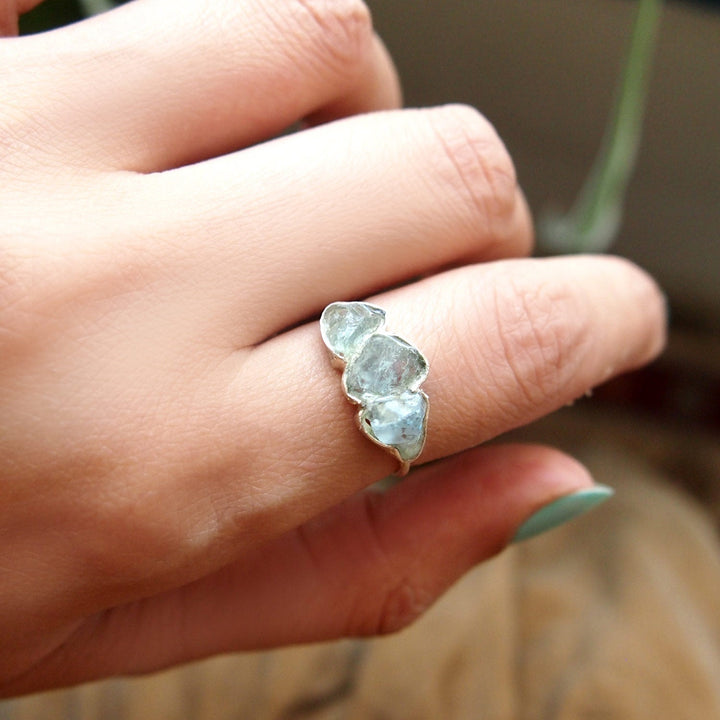 Three Stone Raw Aquamarine Ring in Sterling Silver