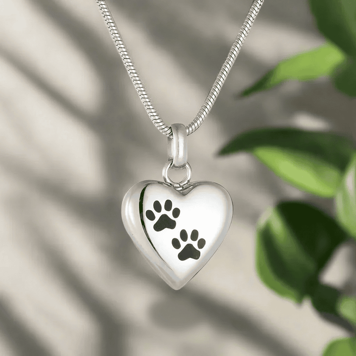 Collier Urne Mémorial pour Animaux Pendentif Cœur avec Gravure de Patte