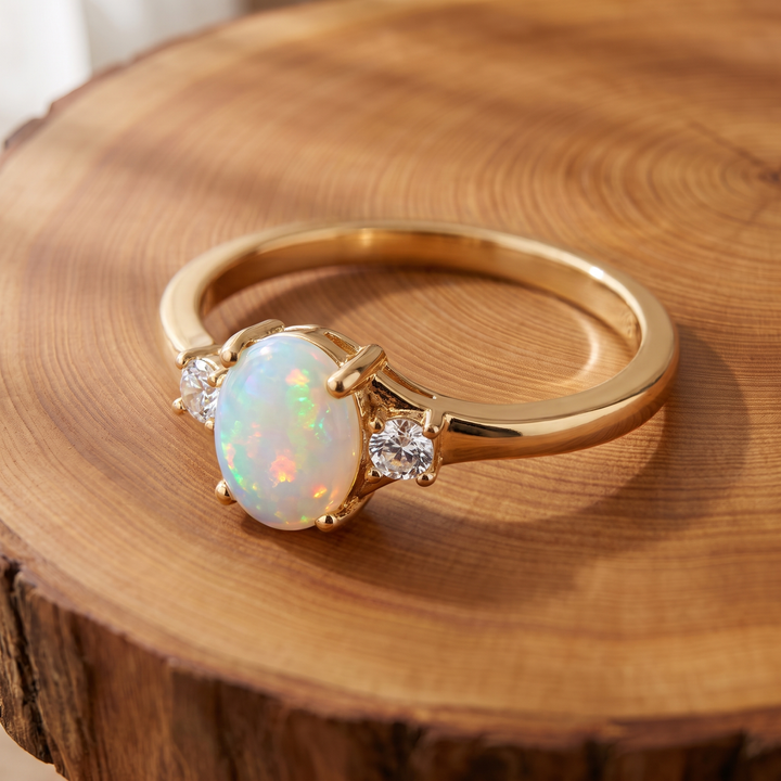 Bague en Or avec Trois Pierres en Opale Blanche