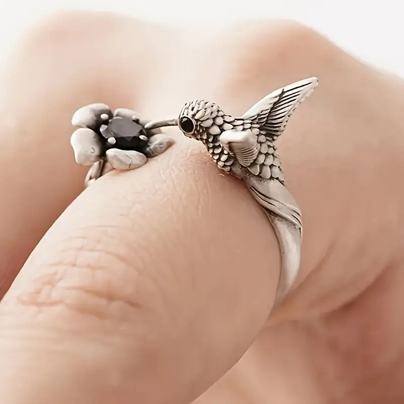 Bague Colibri et Fleur – Bague Ouvrante Ajustable pour Femmes