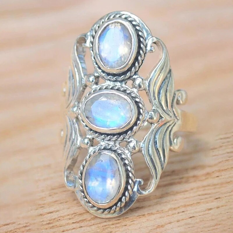 Bague Vintage Triple Lune en Argent avec Pierre de Lune