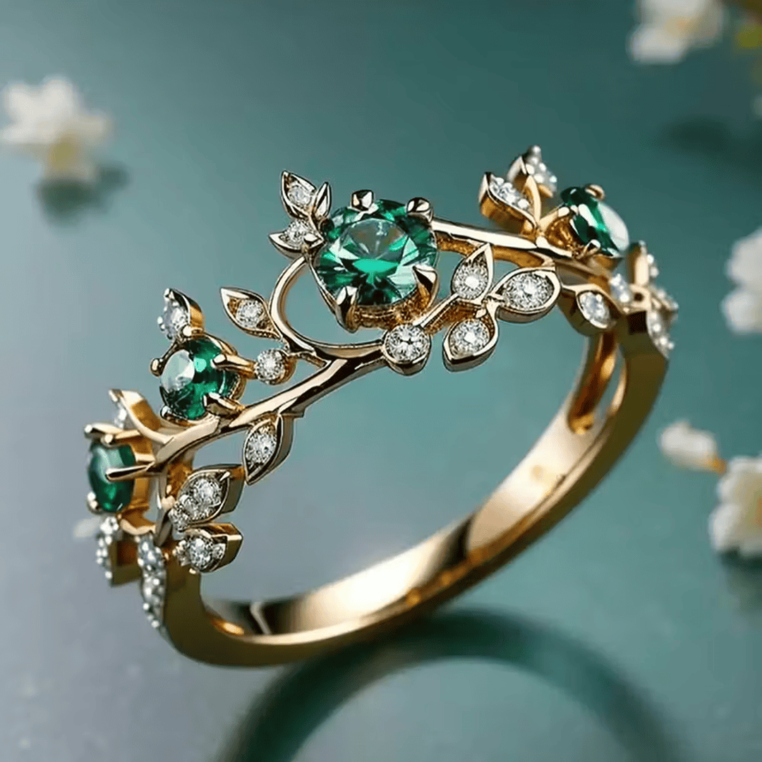 Bague Classique en Émeraude Fleurie