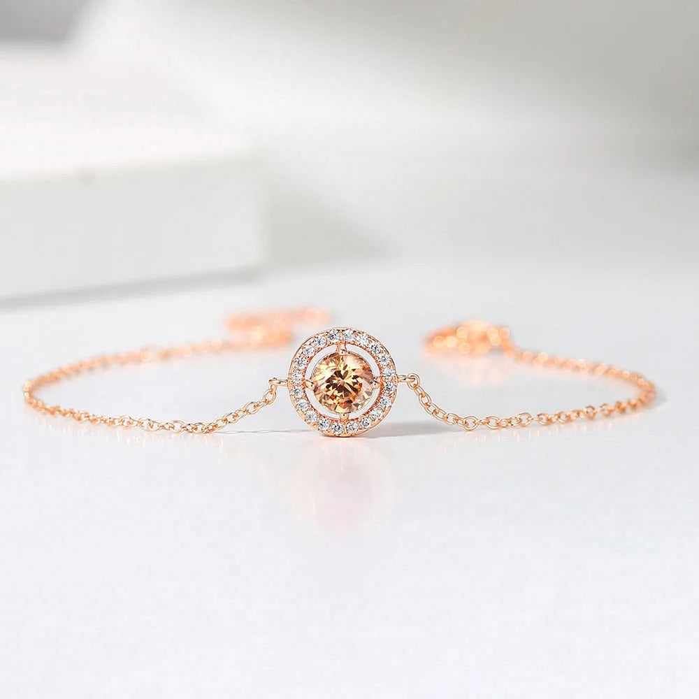 Bracelet Ronde Classique en Or Rose avec Gemme Orange et Bord Étincelant