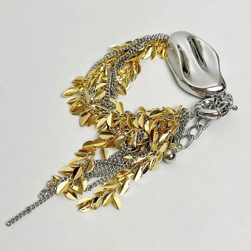 Bracelet Ajustable en Charme Feuille en Or et Argent Vintage