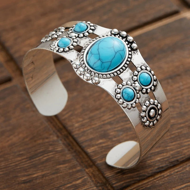 Bracelet ouvert ajustable en argent vintage avec turquoise