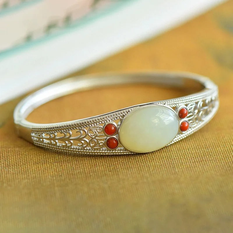 Bracelet jonc en argent classique avec pierre verte et corail