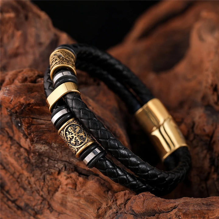 Bracelet en cuir tissé noir avec pendentif en or