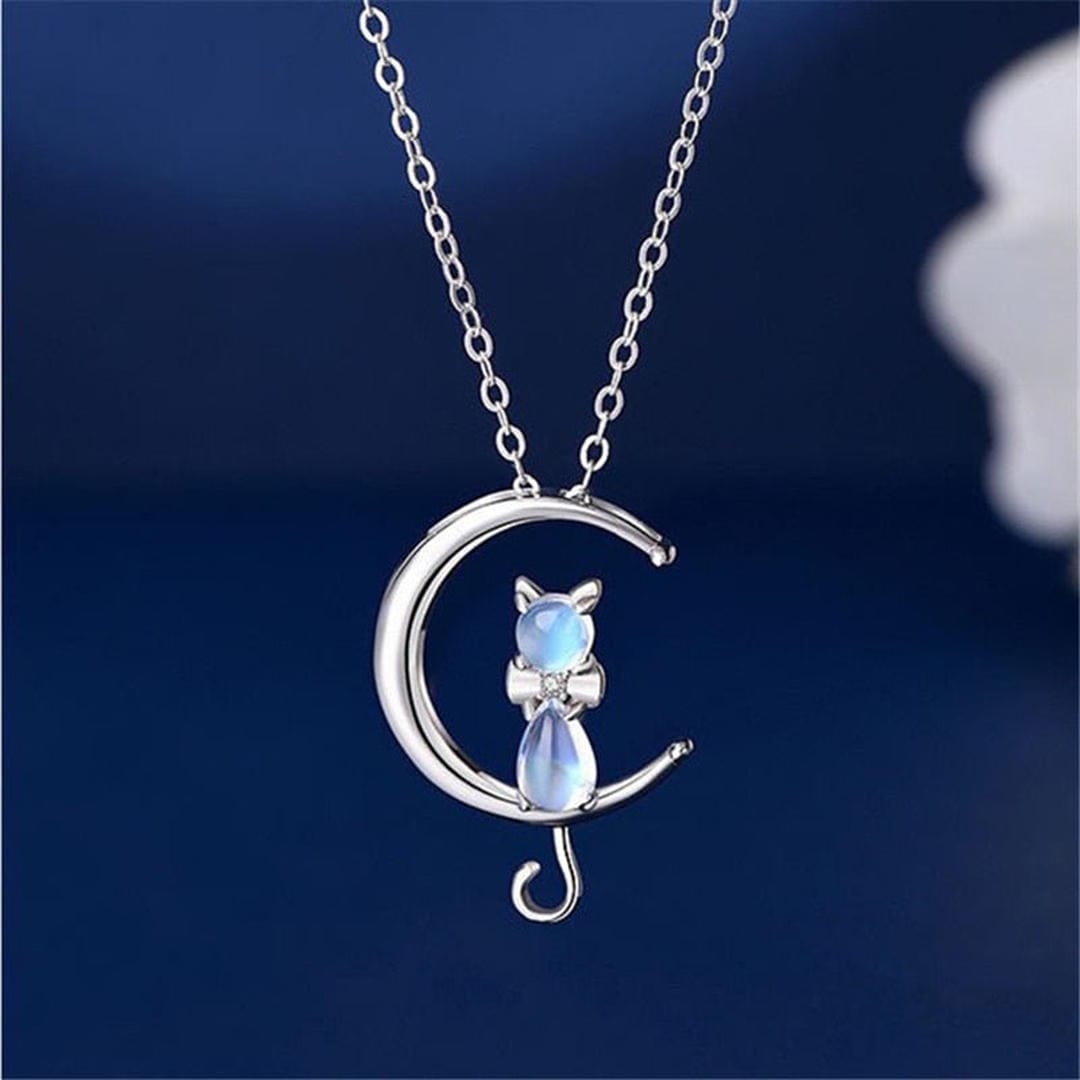 Collier en Pierre de Lune avec Lune Croissante et Chat