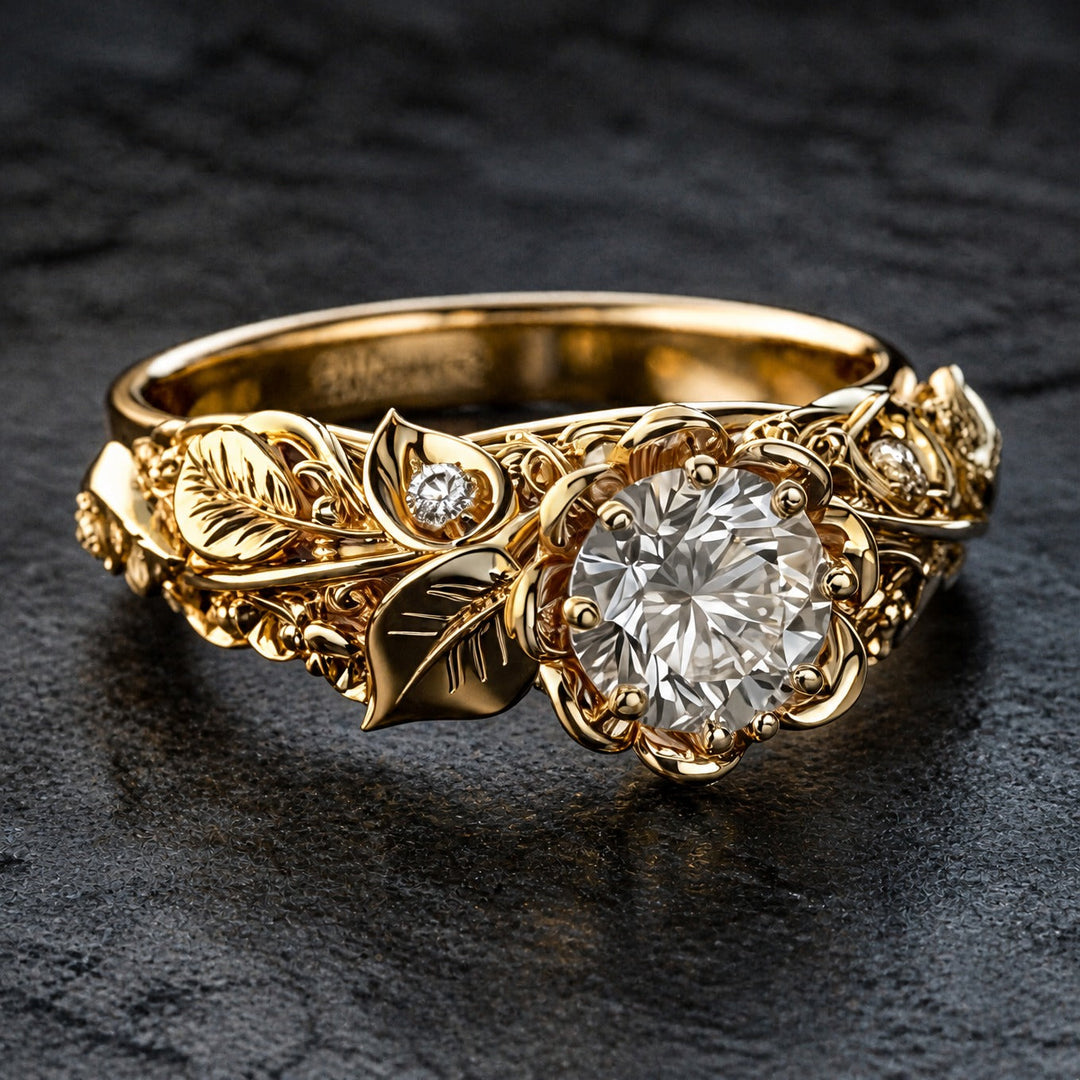 Bague en zirconium avec feuille dorée