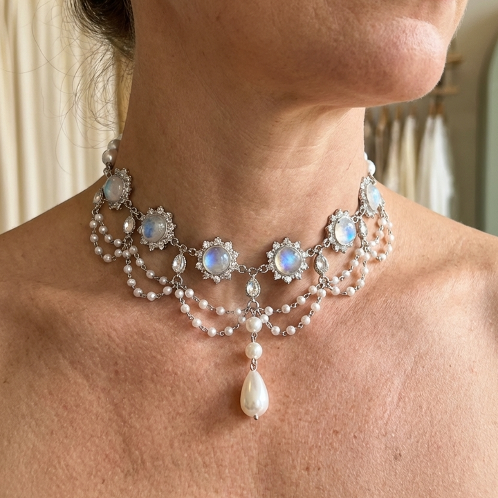 Collier choker en perles de pierre de lune