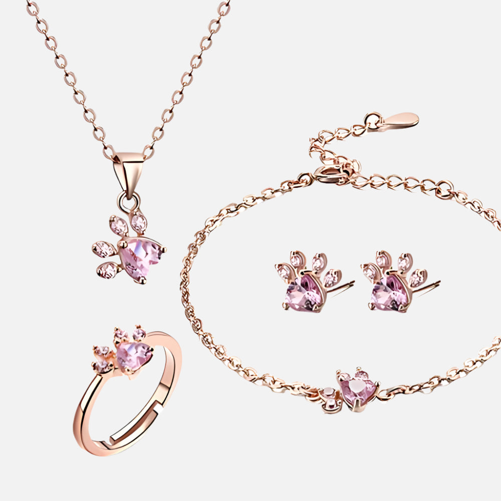 Ensemble de Bijoux Pattes en Or Rose – 4 Pièces avec Cœur en Zirconium (Bague, Collier, Boucles d&