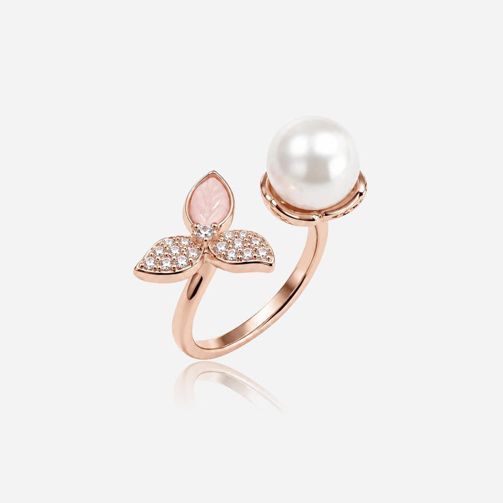 Bague Ouverte en Forme de Feuille avec Perle