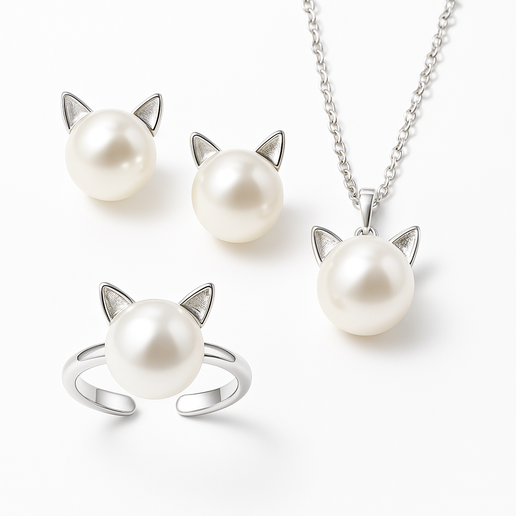 Collier en perles avec pendentif chat, boucles d&