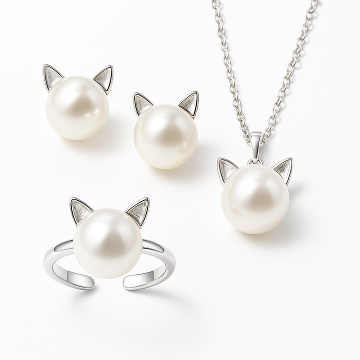 Collier en perles avec pendentif chat, boucles d&
