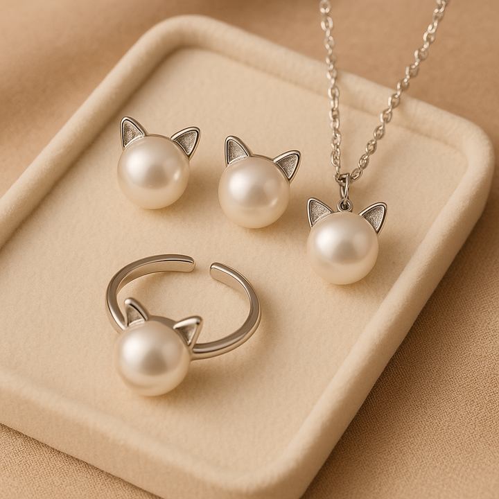 Collier en perles avec pendentif chat, boucles d&