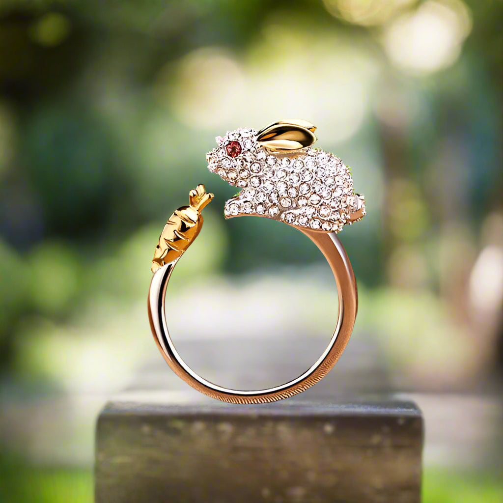 Bague Unique en Argent Ajustable avec Lapin et Carotte en Cristal