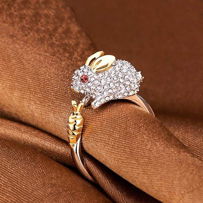 Bague Unique en Argent Ajustable avec Lapin et Carotte en Cristal