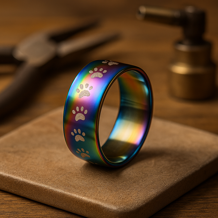 Bague Arc-en-Ciel en Acier Inoxydable avec Empreinte de Patte Fait Main