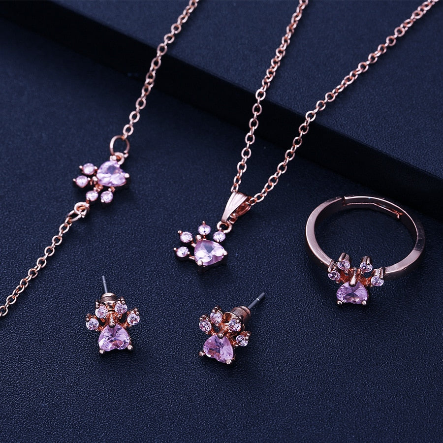 Ensemble de Bijoux Pattes en Or Rose – 4 Pièces avec Cœur en Zirconium (Bague, Collier, Boucles d&