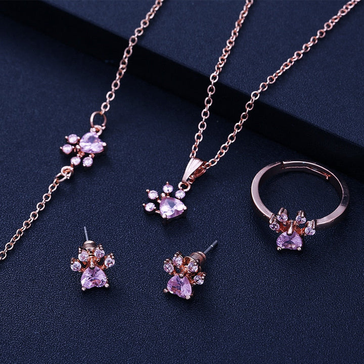 Ensemble de Bijoux Pattes en Or Rose – 4 Pièces avec Cœur en Zirconium (Bague, Collier, Boucles d&