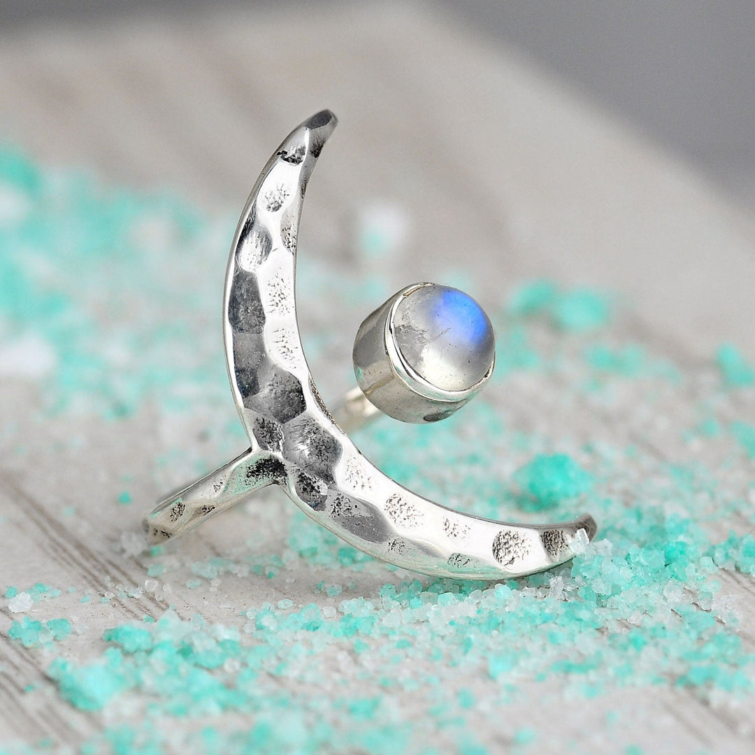 Sterling Silver Crescent Moon Ring with Moonstone