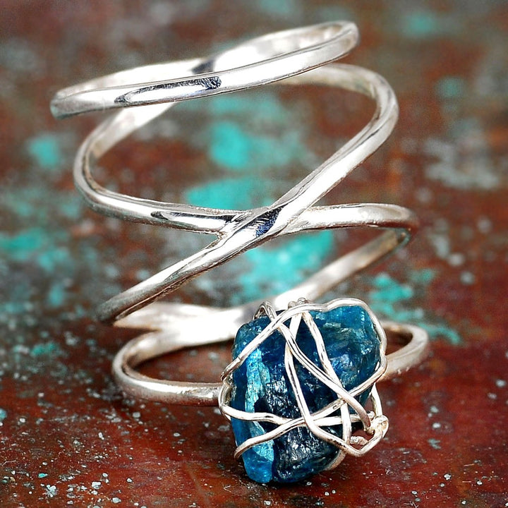 Natural Raw Apatite Wire Wrapped Ring in Sterling Silver