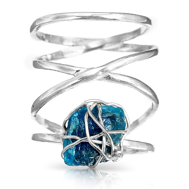 Natural Raw Apatite Wire Wrapped Ring in Sterling Silver