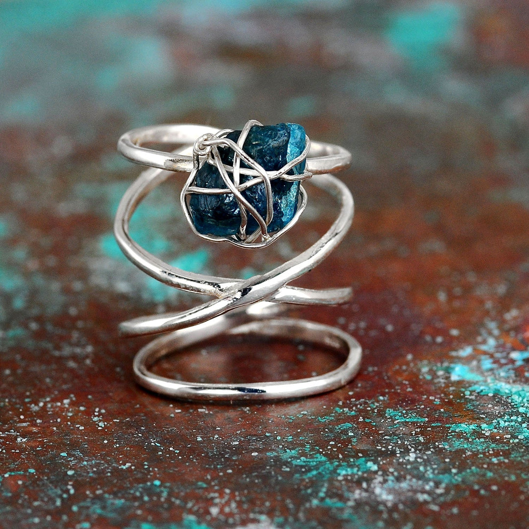 Natural Raw Apatite Wire Wrapped Ring in Sterling Silver