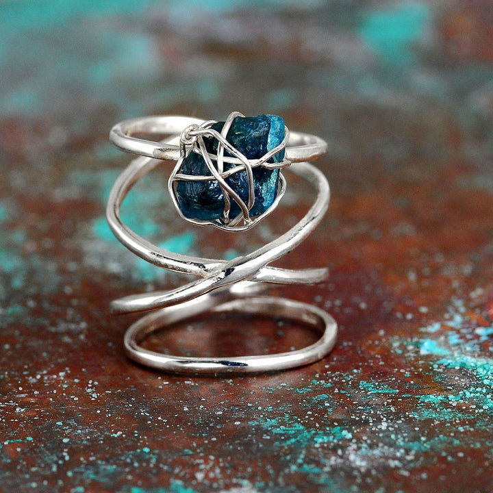 Natural Raw Apatite Wire Wrapped Ring in Sterling Silver