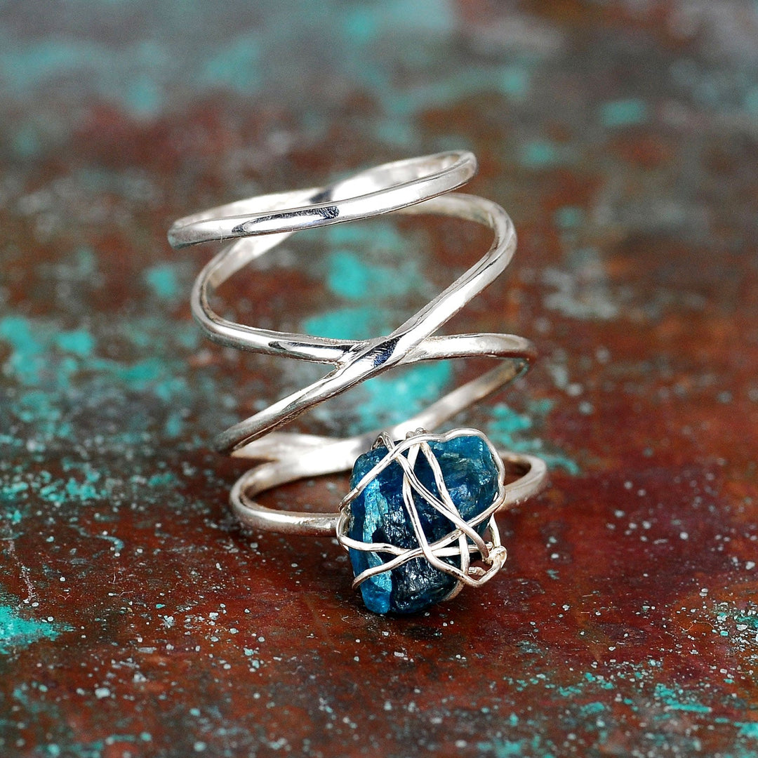 Natural Raw Apatite Wire Wrapped Ring in Sterling Silver