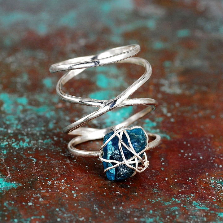 Natural Raw Apatite Wire Wrapped Ring in Sterling Silver