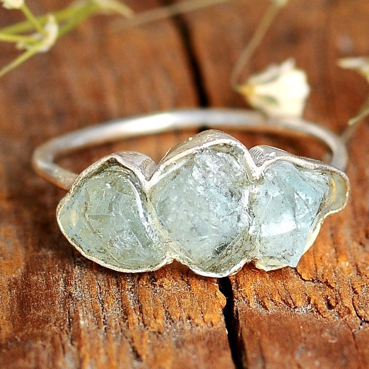 Three Stone Raw Aquamarine Ring in Sterling Silver