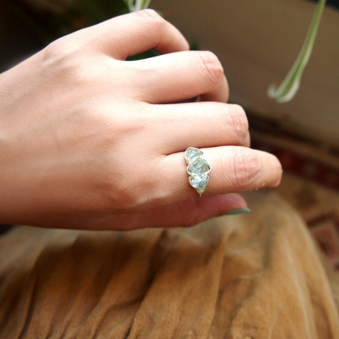 Three Stone Raw Aquamarine Ring in Sterling Silver
