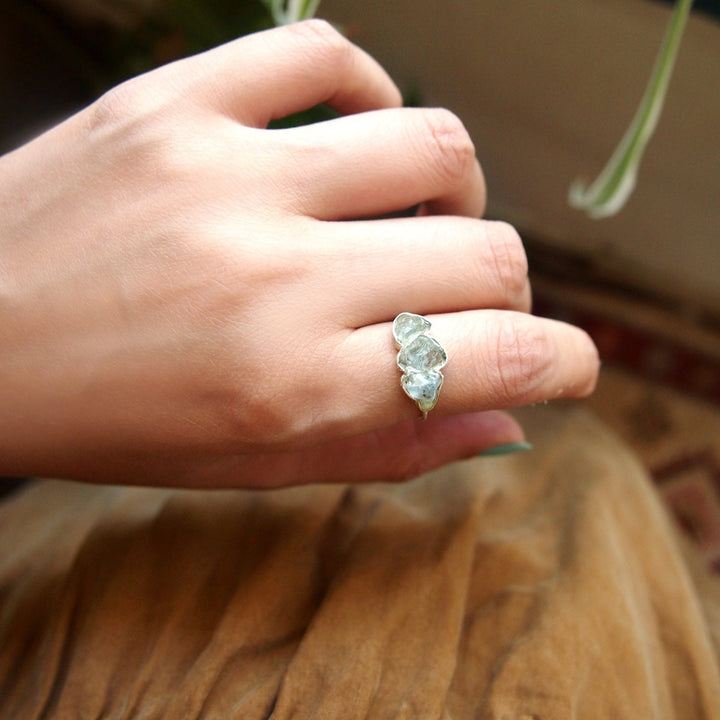 Three Stone Raw Aquamarine Ring in Sterling Silver