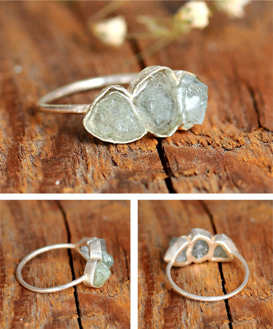 Three Stone Raw Aquamarine Ring in Sterling Silver
