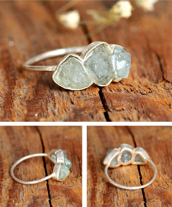 Three Stone Raw Aquamarine Ring in Sterling Silver