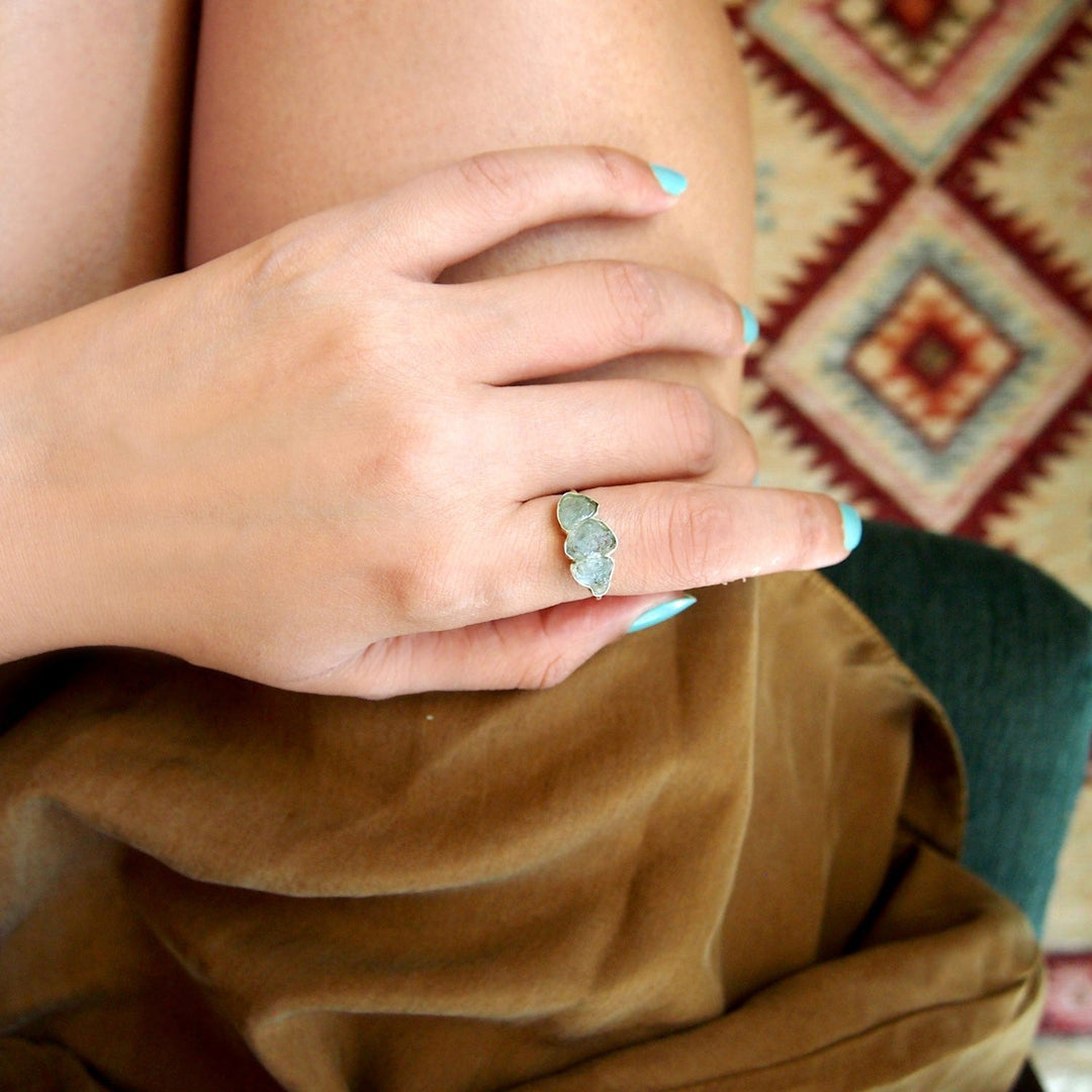 Three Stone Raw Aquamarine Ring in Sterling Silver