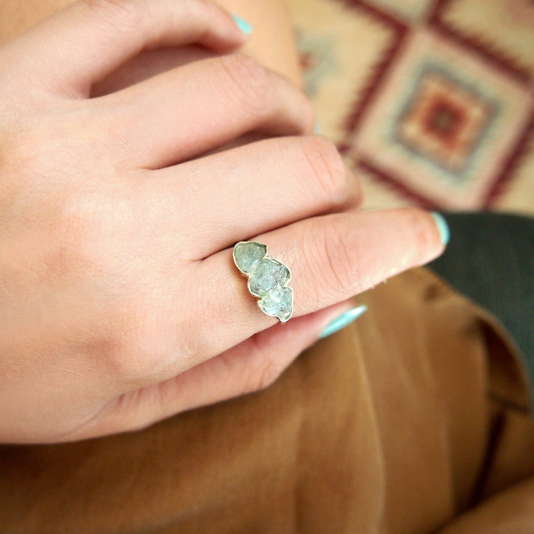 Three Stone Raw Aquamarine Ring in Sterling Silver