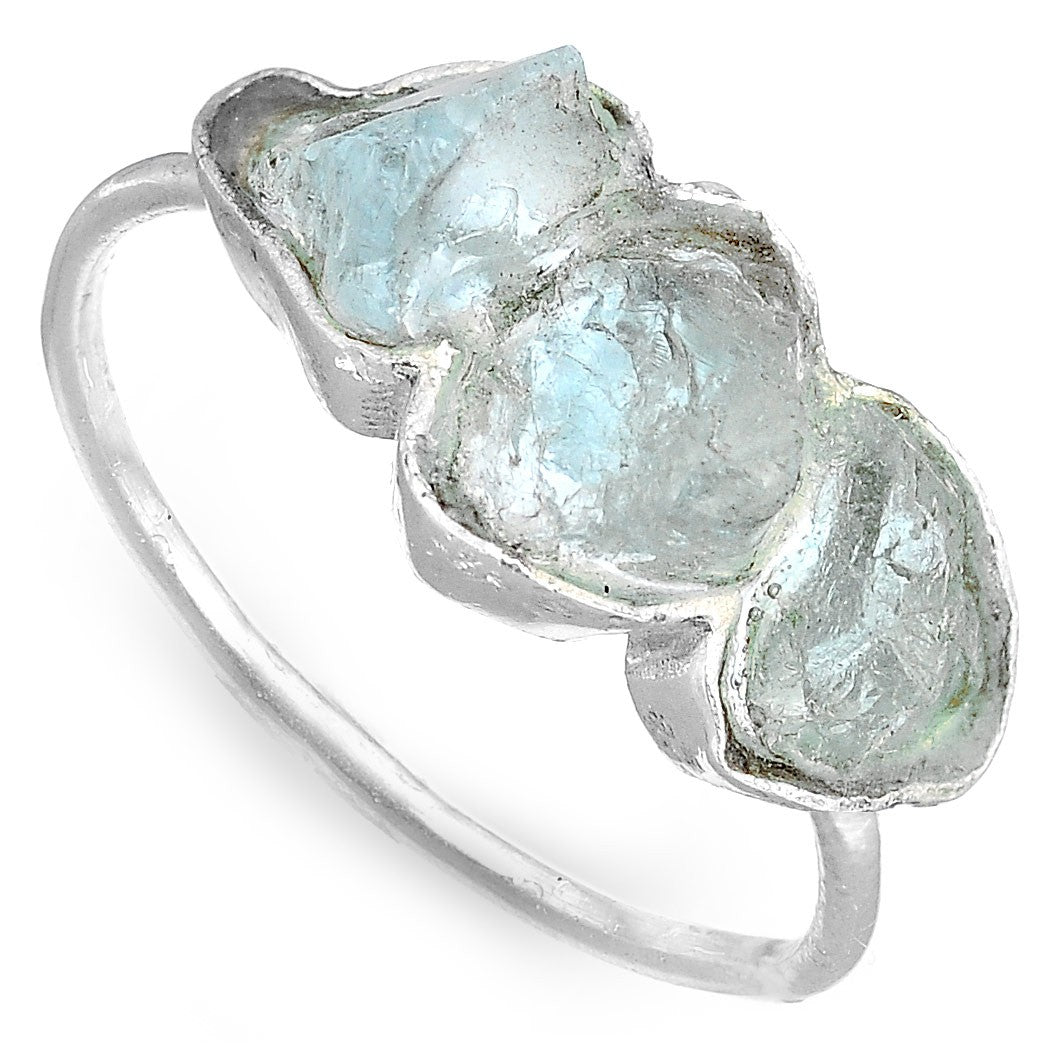 Three Stone Raw Aquamarine Ring in Sterling Silver