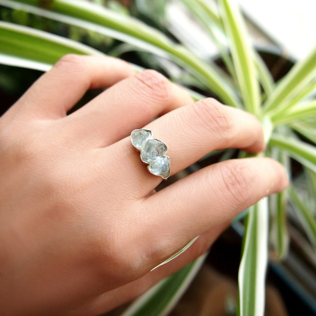Three Stone Raw Aquamarine Ring in Sterling Silver