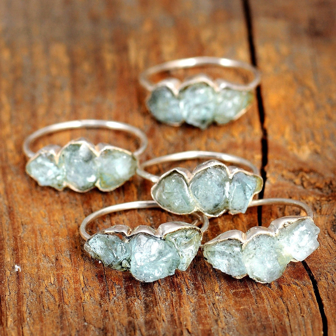 Three Stone Raw Aquamarine Ring in Sterling Silver
