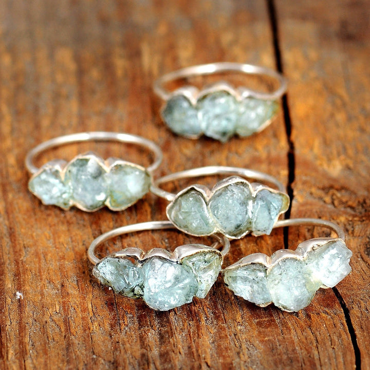 Three Stone Raw Aquamarine Ring in Sterling Silver