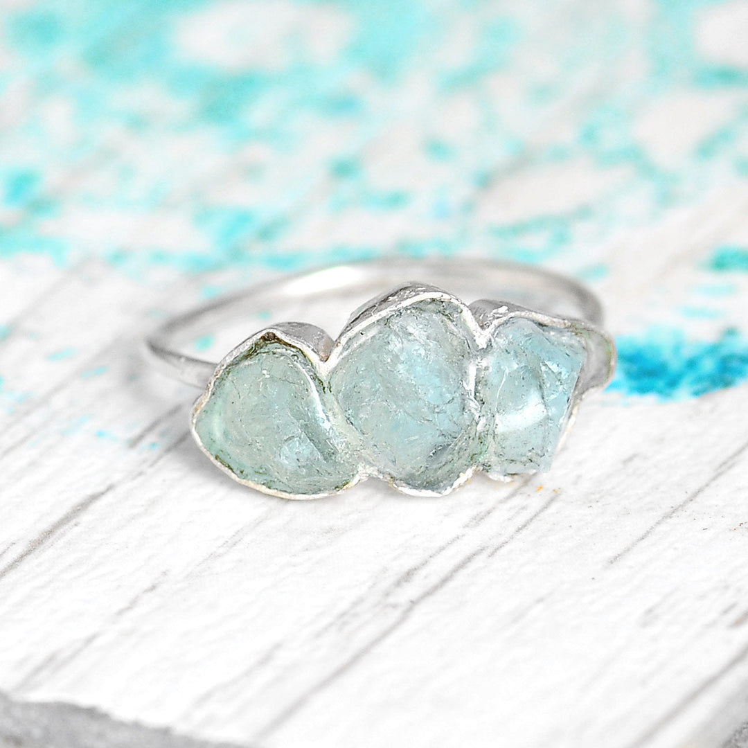 Three Stone Raw Aquamarine Ring in Sterling Silver